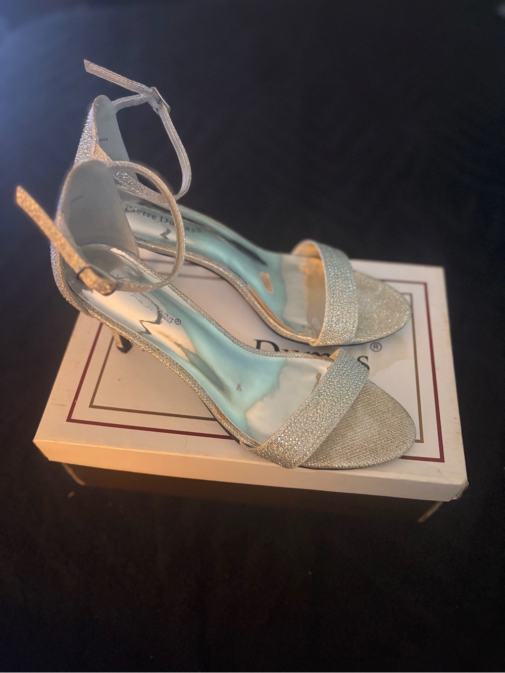 Pierre Dumas Silver Glitter Open-Toe Ankle-Strap Heels